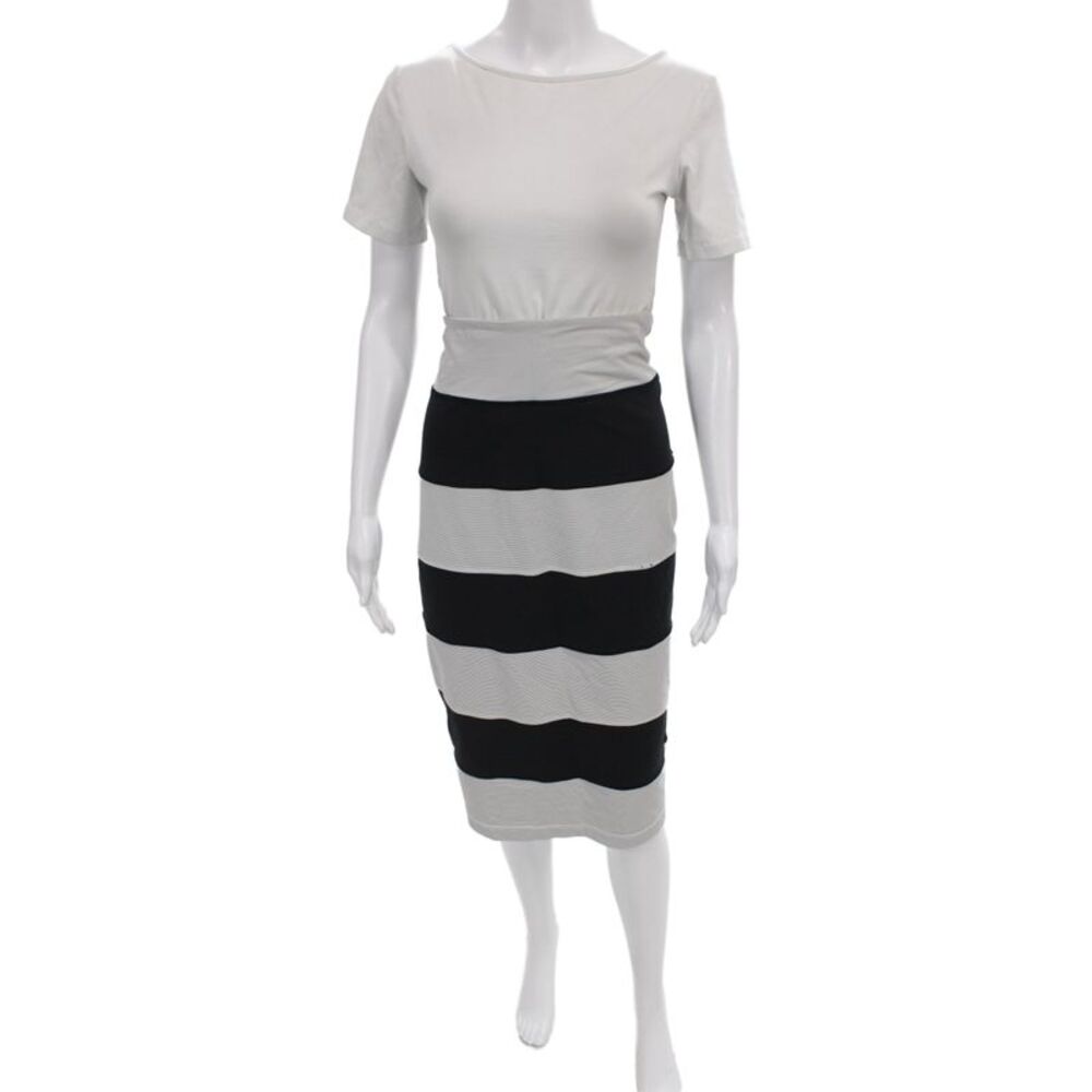 Lululemon Womens Black Striped Nylon Pencil Dress Midi Short Sleeve Size 10